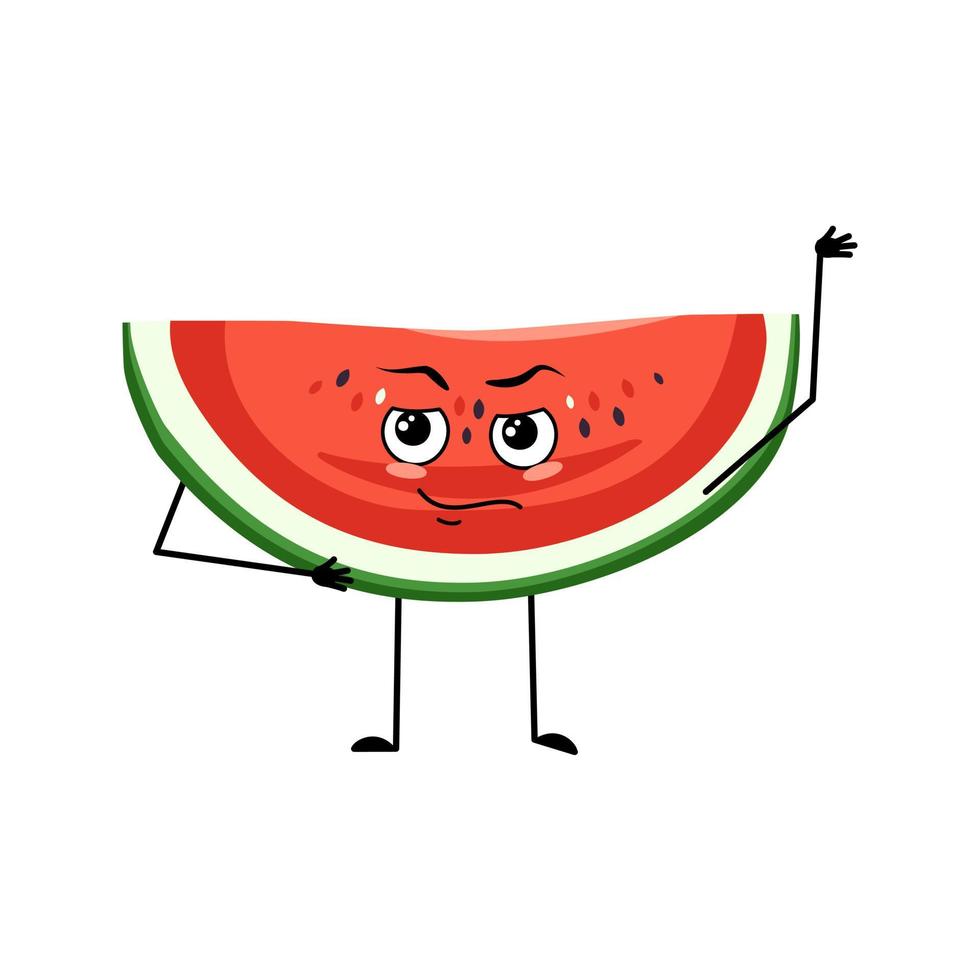 Watermelon character with emotions of hero, brave face, arms and leg. Person with courage expression, fruit emoticon. Vector flat illustration
