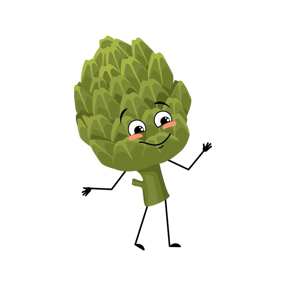 Artichoke character with happy emotion, joyful face, smile eyes, arms and legs. Person with happy expression, green vegetable emoticon. Vector flat illustration