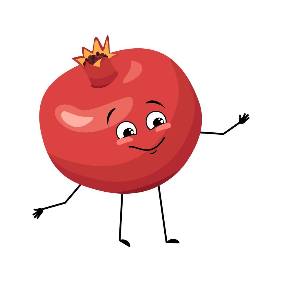 Pomegranate character with happy emotion, joyful face, smile eyes, arms and legs. Person with happy expression, red fruit emoticon. Vector flat illustration