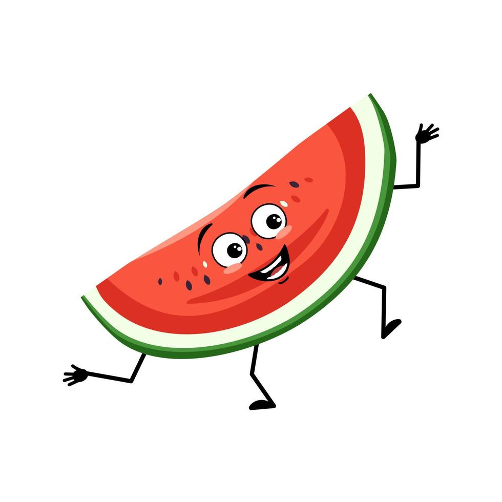 Watermelon character with crazy happy emotion, joyful face, smile eyes, dancing arms and legs. Person with happy expression, fruit or berry emoticon. Vector flat illustration