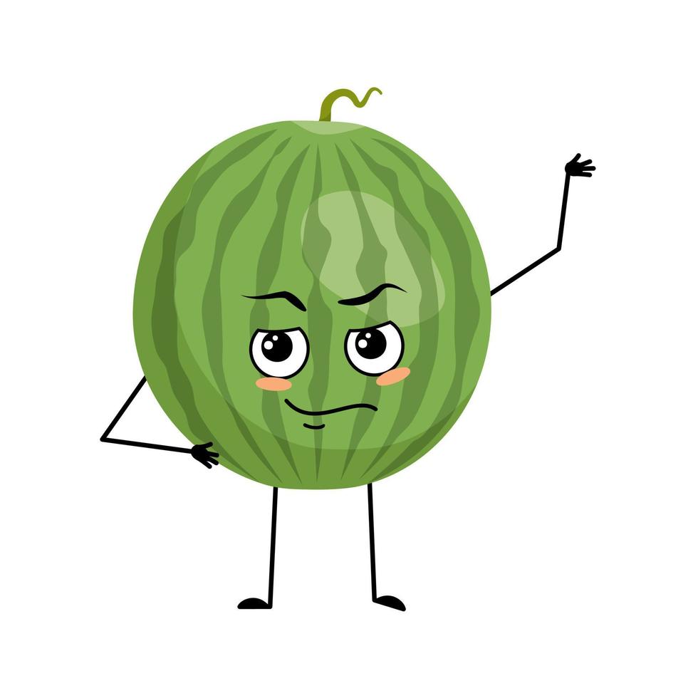 Green striped round watermelon character with emotions of hero, brave face, arms and leg. Person with courage expression, fruit emoticon. Vector flat illustration