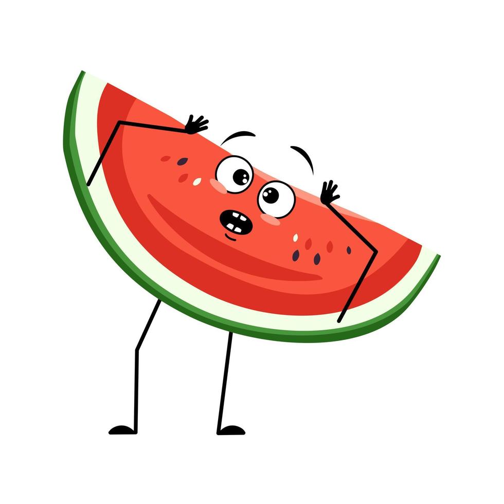 Watermelon character with emotions in panic grabs his head, surprised face, shocked eyes, arms and legs. Person with scared expression, fruit emoticon. Vector flat illustration