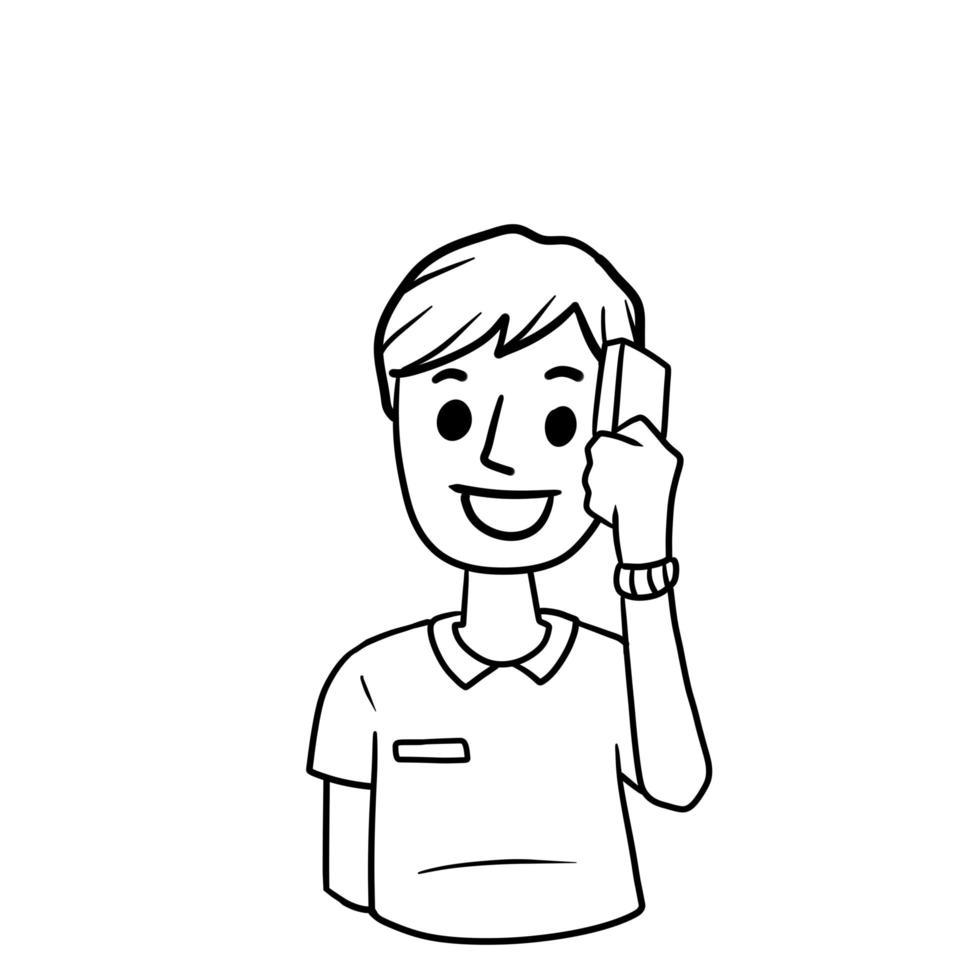 Man with mobile phone. Cartoon hand drawn sketch illustration. Boy with