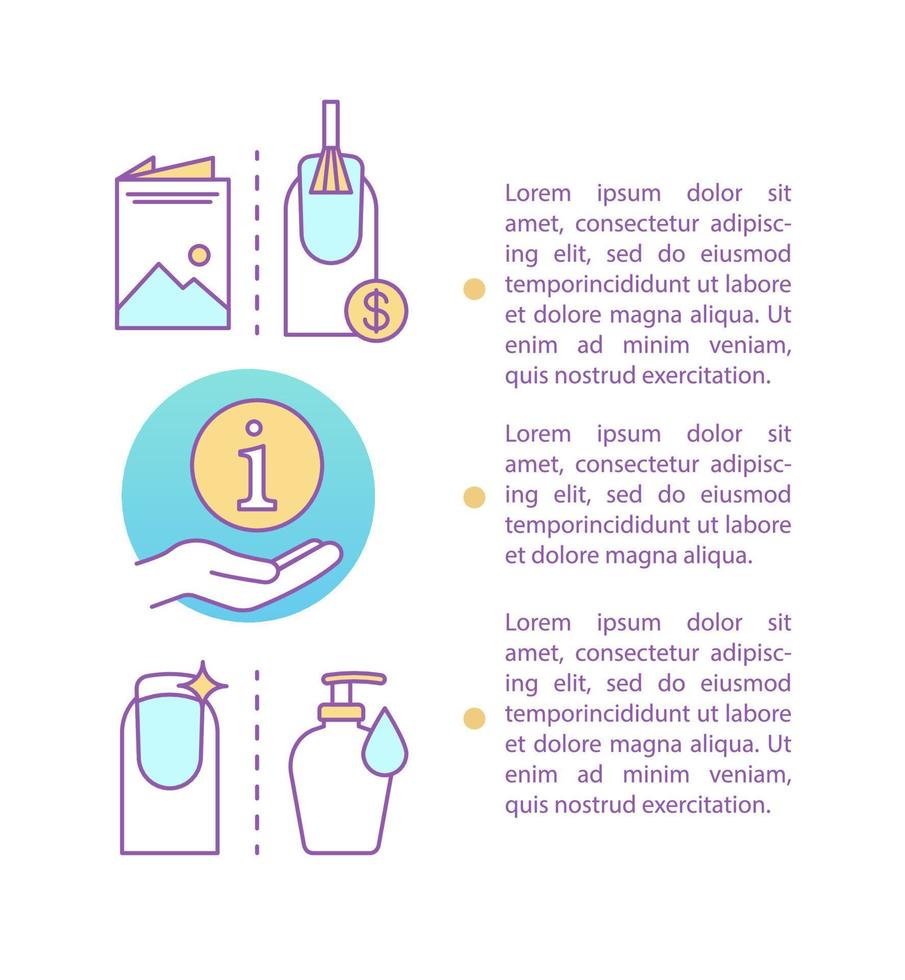 Manicure article page vector template. Nail salon. Brochure, magazine, booklet design element with icons and text boxes. Nail care. Beauty salon. Print design. Concept illustrations with text space