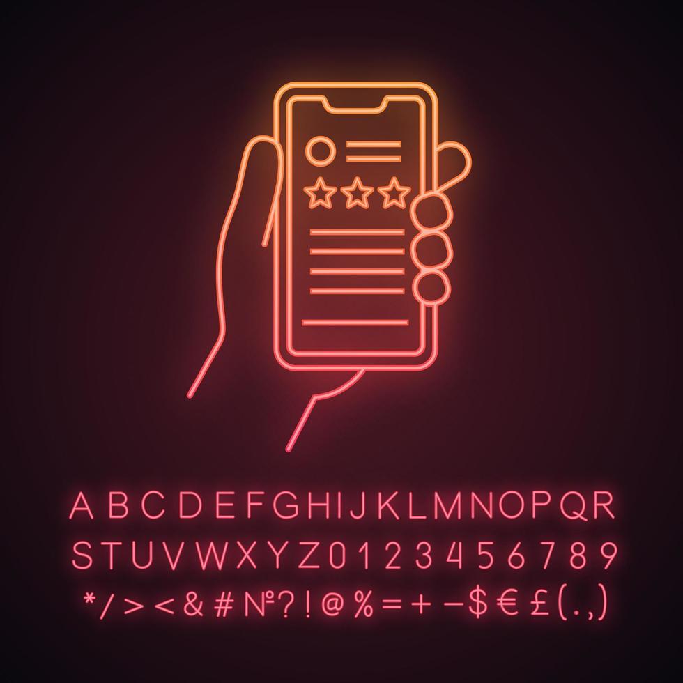 App rating neon light icon. Customer feedback application. Ranking. Reviews. Hand holding smartphone. Glowing sign with alphabet, numbers and symbols. Vector isolated illustration