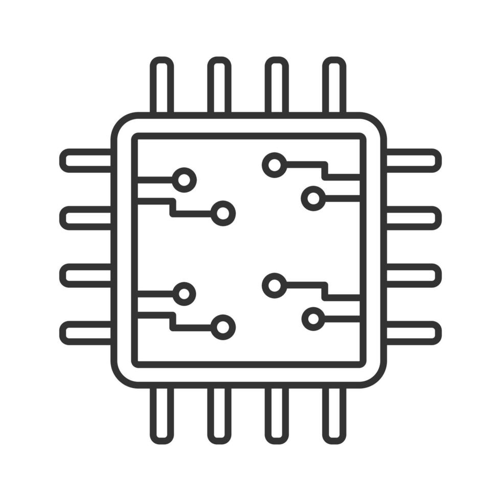 Processor with electronic circuits linear icon. Microprocessor with microcircuits. Chip, microchip, chipset. CPU. Thin line illustration. Integrated circuit. Vector isolated drawing. Editable stroke