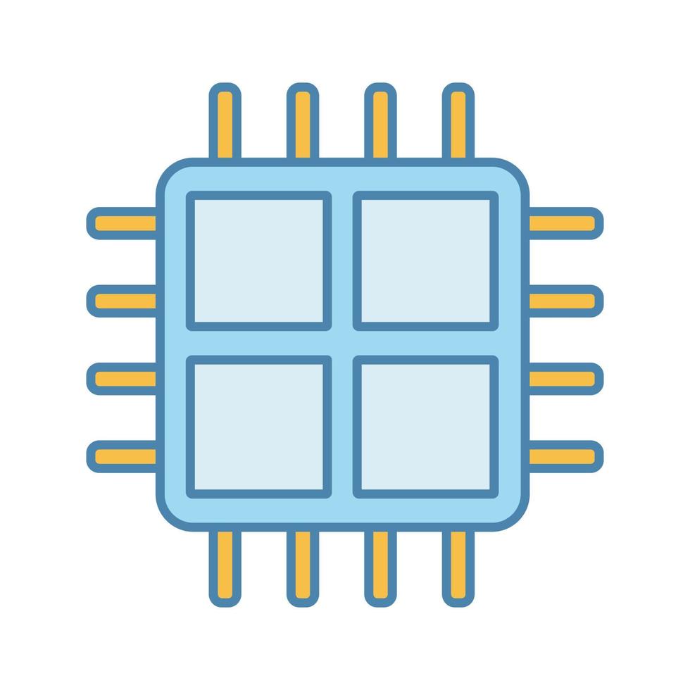 Quad core processor color icon. Four core microprocessor. Microchip, chipset. CPU. Central processing unit. Computer, phone multi-core processor. Integrated circuit. Isolated vector illustration