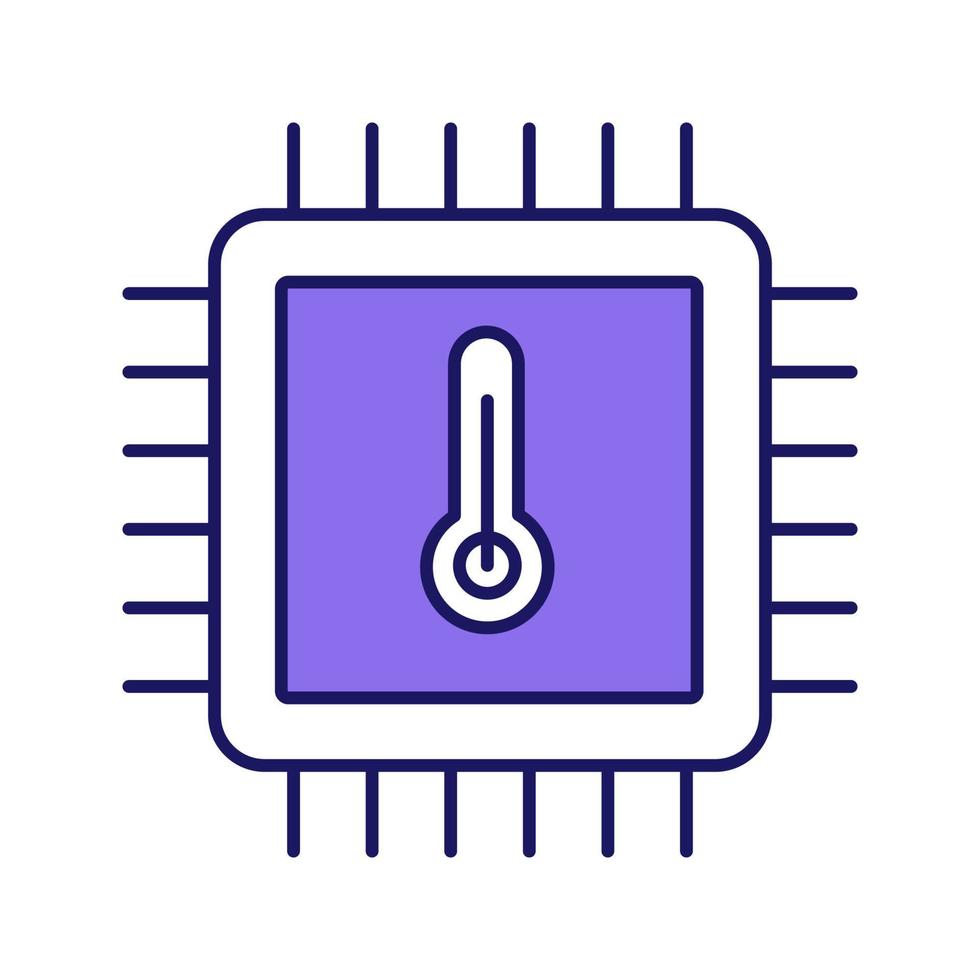 Processor temperature color icon. Core temp. CPU overheating. Chip, microchip, chipset. Heating central processing unit. Integrated circuit with thermometer. Isolated vector illustration
