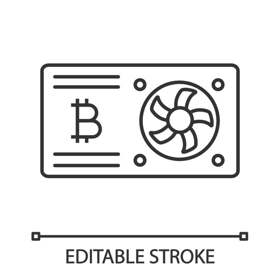 Bitcoin mining graphic card linear icon. Thin line illustration. Video card for crypto business. Cryptocurrency gpu mining farm. Contour symbol. Vector isolated outline drawing. Editable stroke