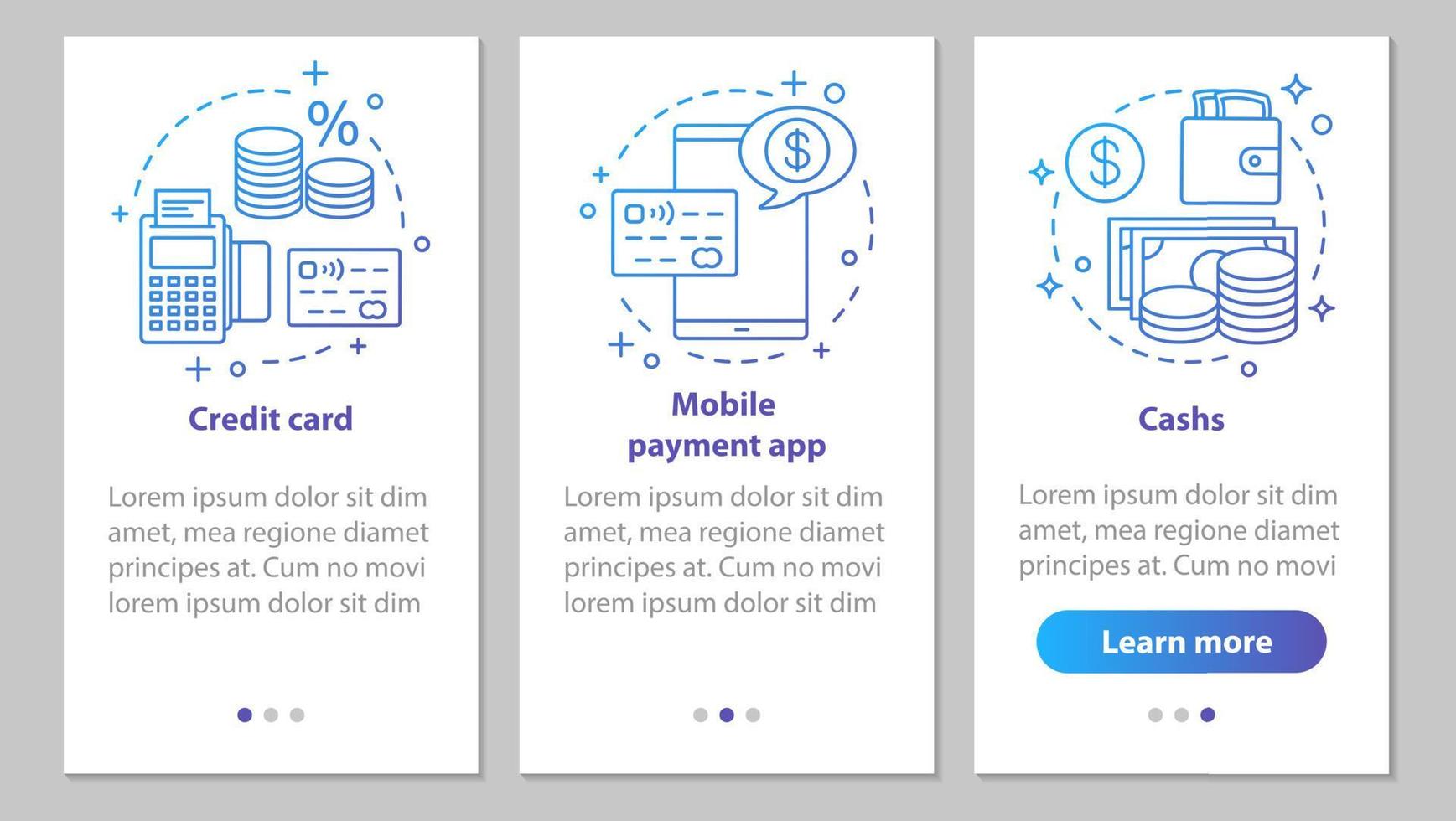 pantalla de la página de la aplicación móvil de incorporación bancaria con conceptos lineales. servicios financieros. tarjeta de crédito, efectivo, aplicación de pago móvil pasos instrucciones gráficas. ux, ui, plantilla vectorial gui con ilustraciones vector