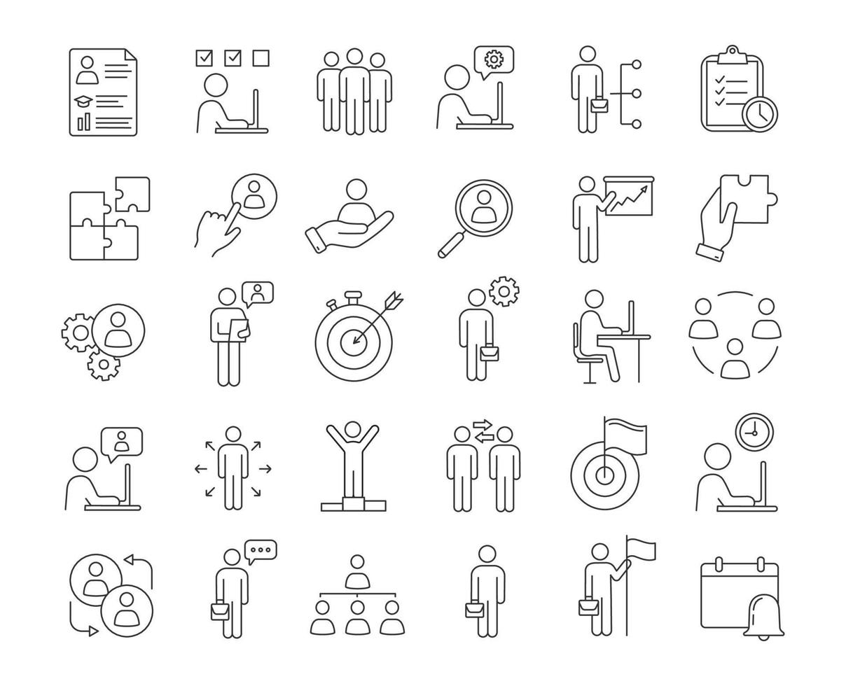 Business management linear icons set. Headhunting and HR management. Teamwork and leadership. Business development. Thin line contour symbols. Isolated vector outline illustrations. Editable stroke