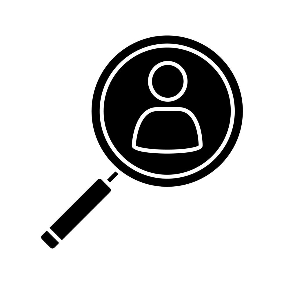 Staff searching glyph icon. Silhouette symbol. Personnel hiring. Recruitment. Employment. Magnifying glass with person inside. Negative space. Vector isolated illustration