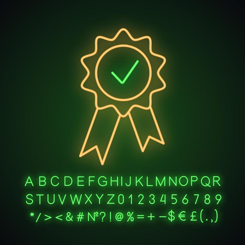 Award medal neon light icon. Reward. Best choice medal. Glowing sign with alphabet, numbers and symbols. Certified. Seal with ribbon and check mark. Quality badge. Vector isolated illustration