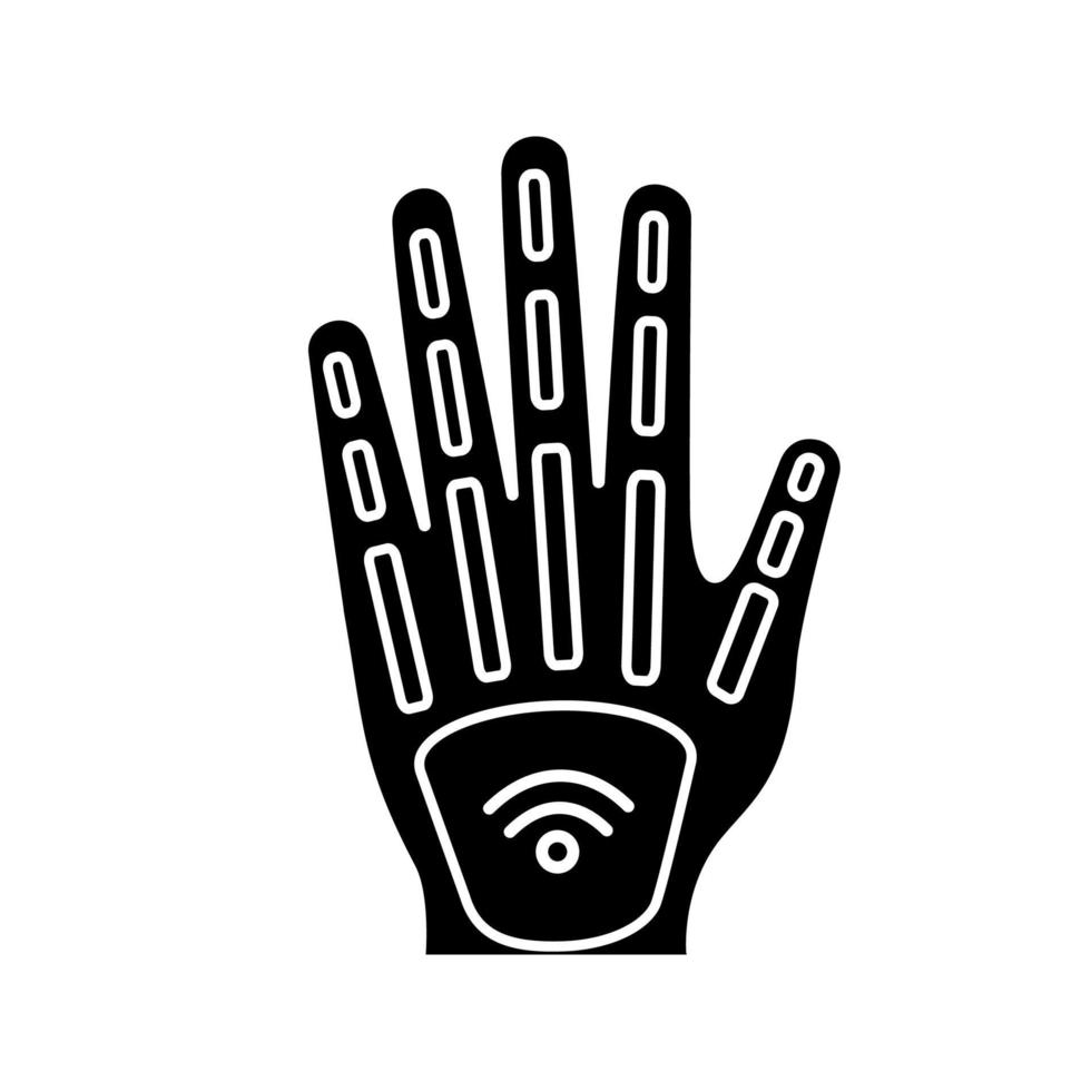 Human microchip implant in hand glyph icon. NFC implant. Implanted RFID transponder. Silhouette symbol. Negative space. Vector isolated illustration