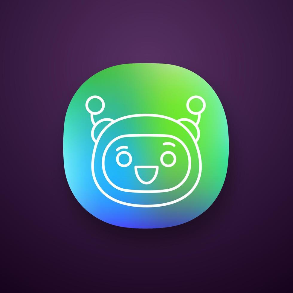 Excited robot emoji app icon. Laughing chatbot smiley with broad smile and open eyes. UI UX user interface. Happy chat bot emoticon. Web or mobile application. Vector isolated illustration