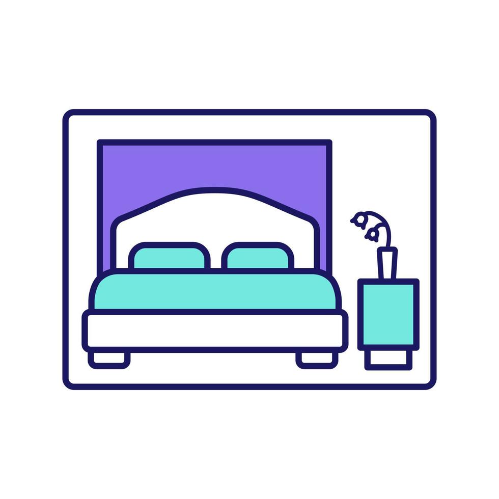 Bedroom color icon. Double room. Hotel room. Cruise ship cabin. Isolated vector illustration