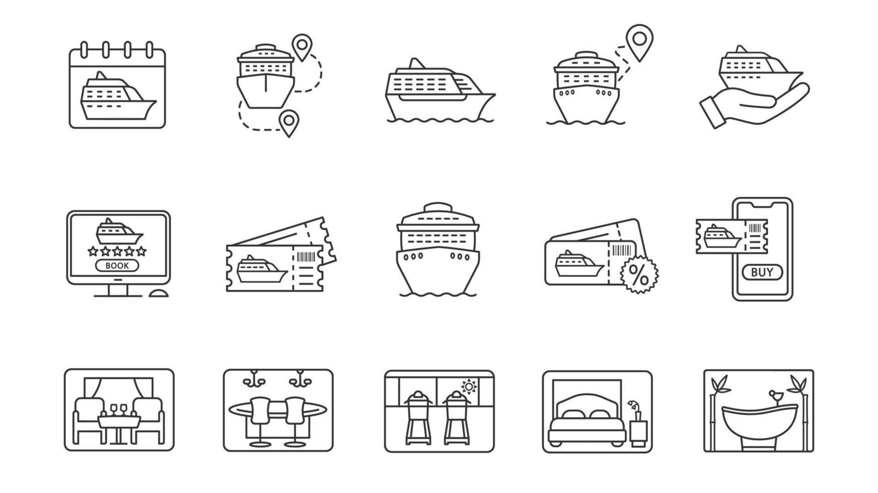 Cruise linear icons set. Services, tickets booking, ships. Summer voyage. Shore excursions, tours, travel agency. Thin line contour symbols. Isolated vector outline illustrations. Editable stroke