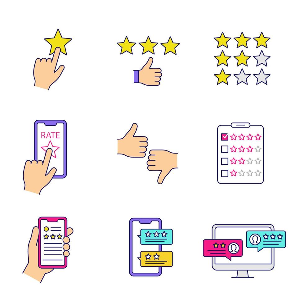 Rating color icons set. Add to favorite, customer review and feedback, app rating, like and dislike, quality survey. Isolated vector illustrations