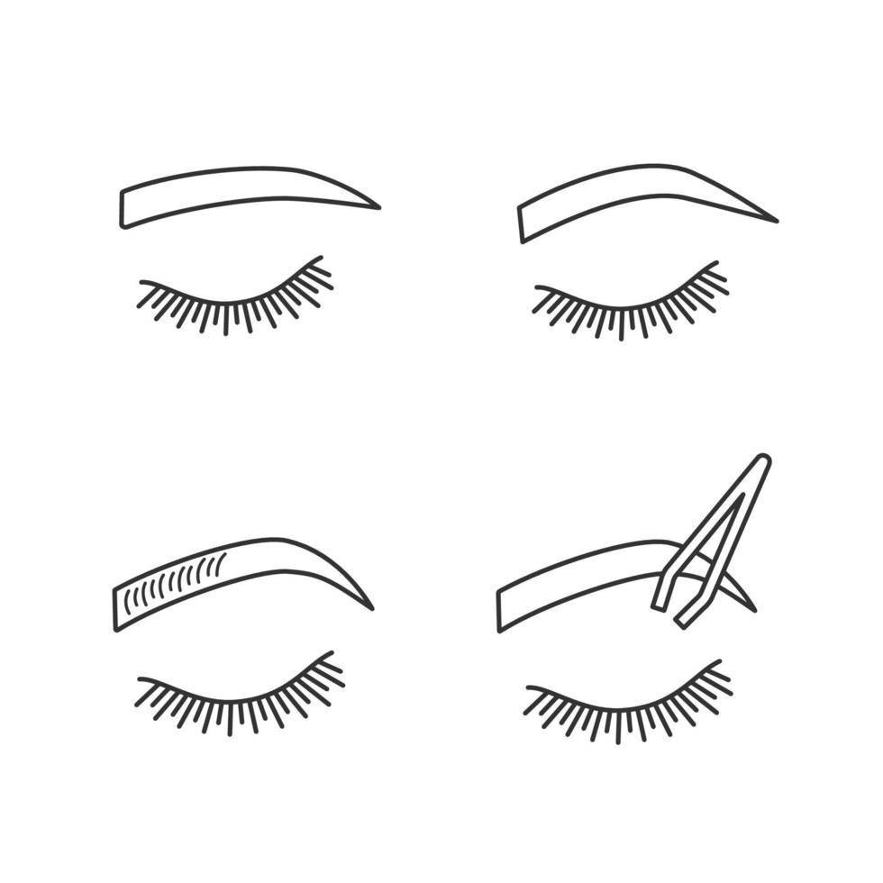 Eyebrows shaping linear icons set. Straight and soft arched eyebrows shape, brows microblading, tweezing. Thin line contour symbols. Isolated vector outline illustrations. Editable stroke