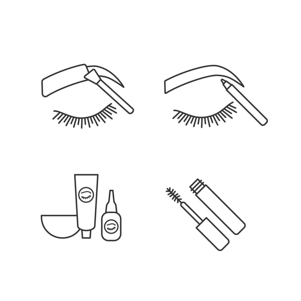 Eyebrows shaping linear icons set. Brows tinting and contouring with pencil, eyebrows and eyelash dye kit, mascara. Thin line contour symbols. Isolated vector outline illustrations. Editable stroke