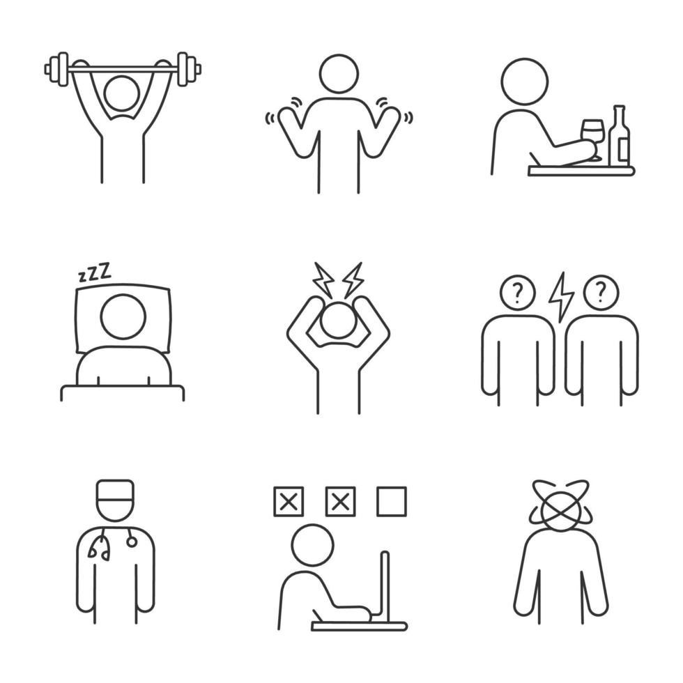 Emotional stress linear icons set. Sport exercise, hands tremor, dizziness, sleep, headache, conflict, alcoholism, making mistake, doctor. Isolated vector outline illustrations. Editable stroke