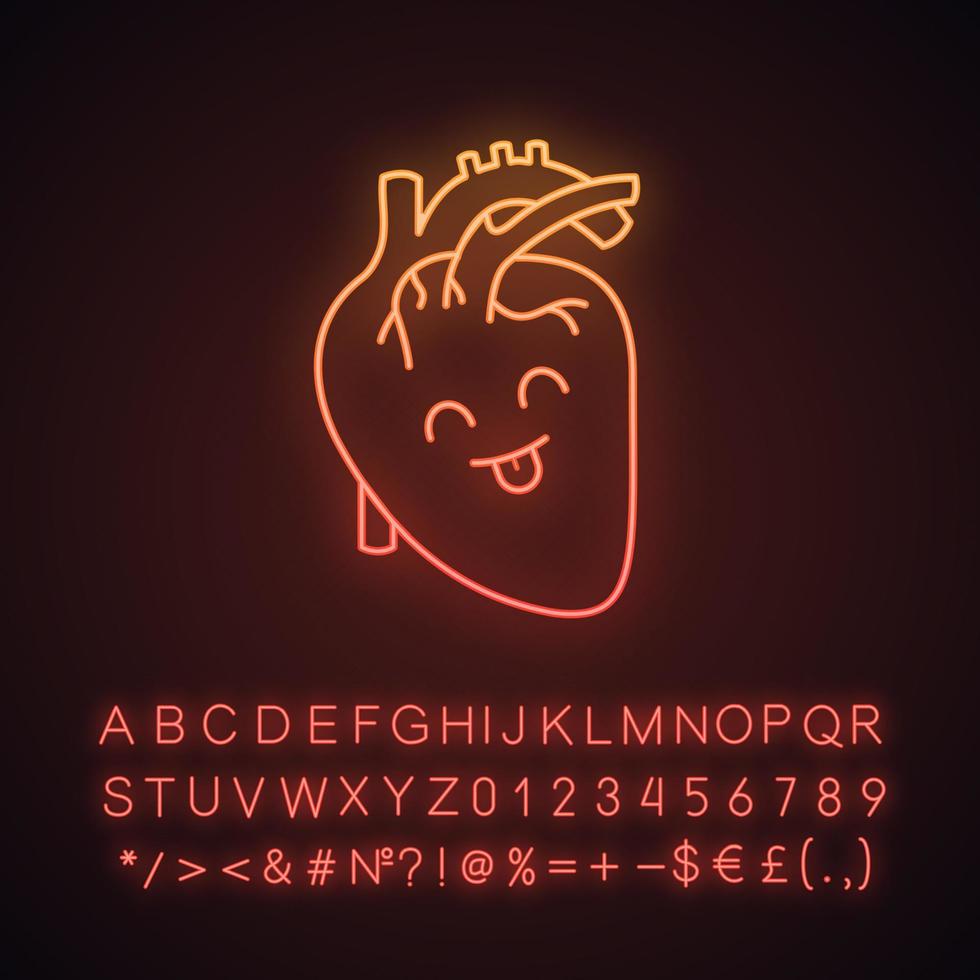 Smiling human heart anatomy neon light icon. Cardiovascular system health. Healthy internal organ. Glowing sign with alphabet, numbers and symbols. Vector isolated illustration