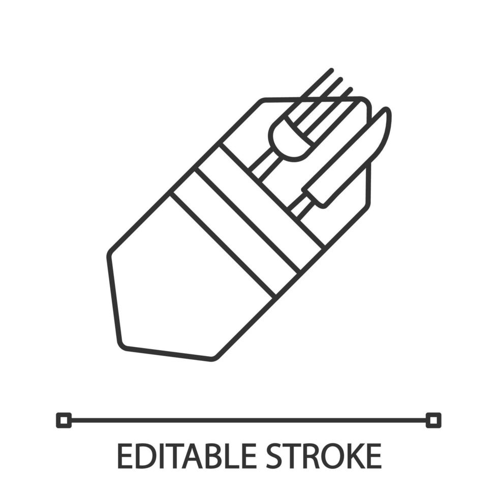 Fork and knife in napkin linear icon. Cutlery. Thin line illustration. Table setting. Etiquette. Business lunch rule. Restaurant, cafe. Contour symbol. Vector isolated outline drawing. Editable stroke