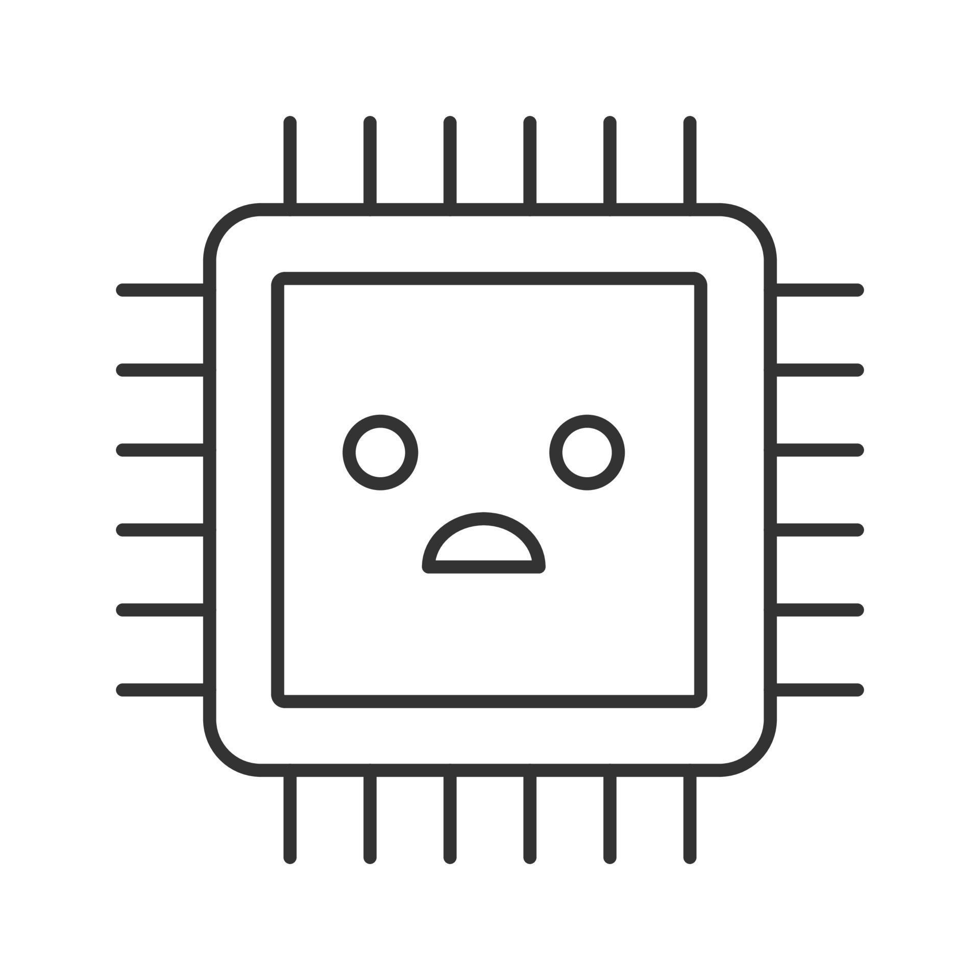Sad processor linear icon. Bad CPU. Thin line illustration