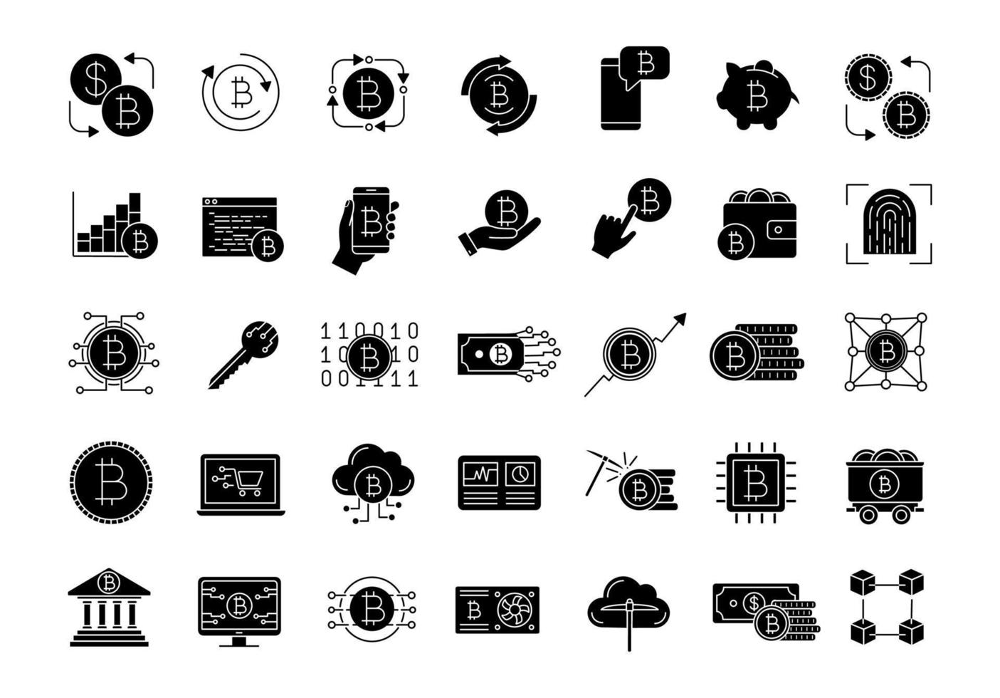 Bitcoin cryptocurrency glyph icons set. Digital money. Crypto currency. Mining business. Bitcoin trading. Silhouette symbols. Vector isolated illustration