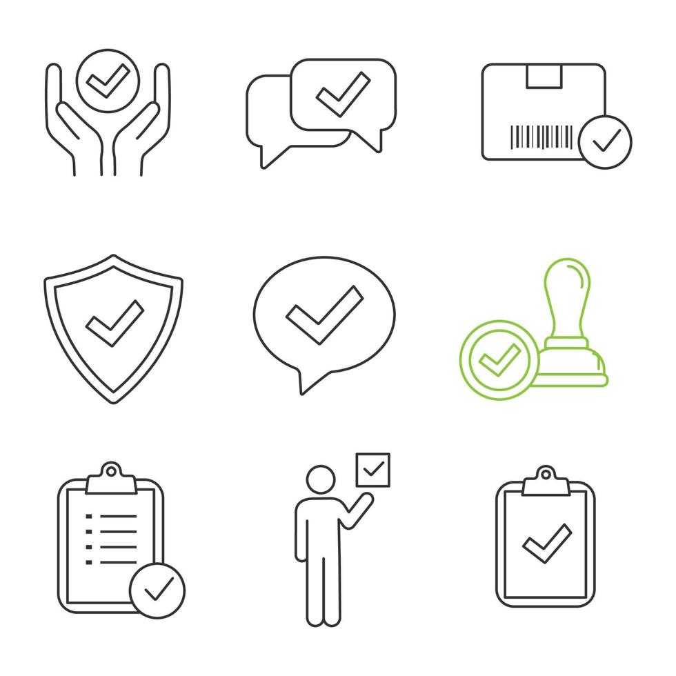 Approve linear icons set. Quality service, approved chat, delivery, security, dialog, stamp, task planning, voter, clipboard with checkmark. Isolated vector outline illustrations. Editable stroke