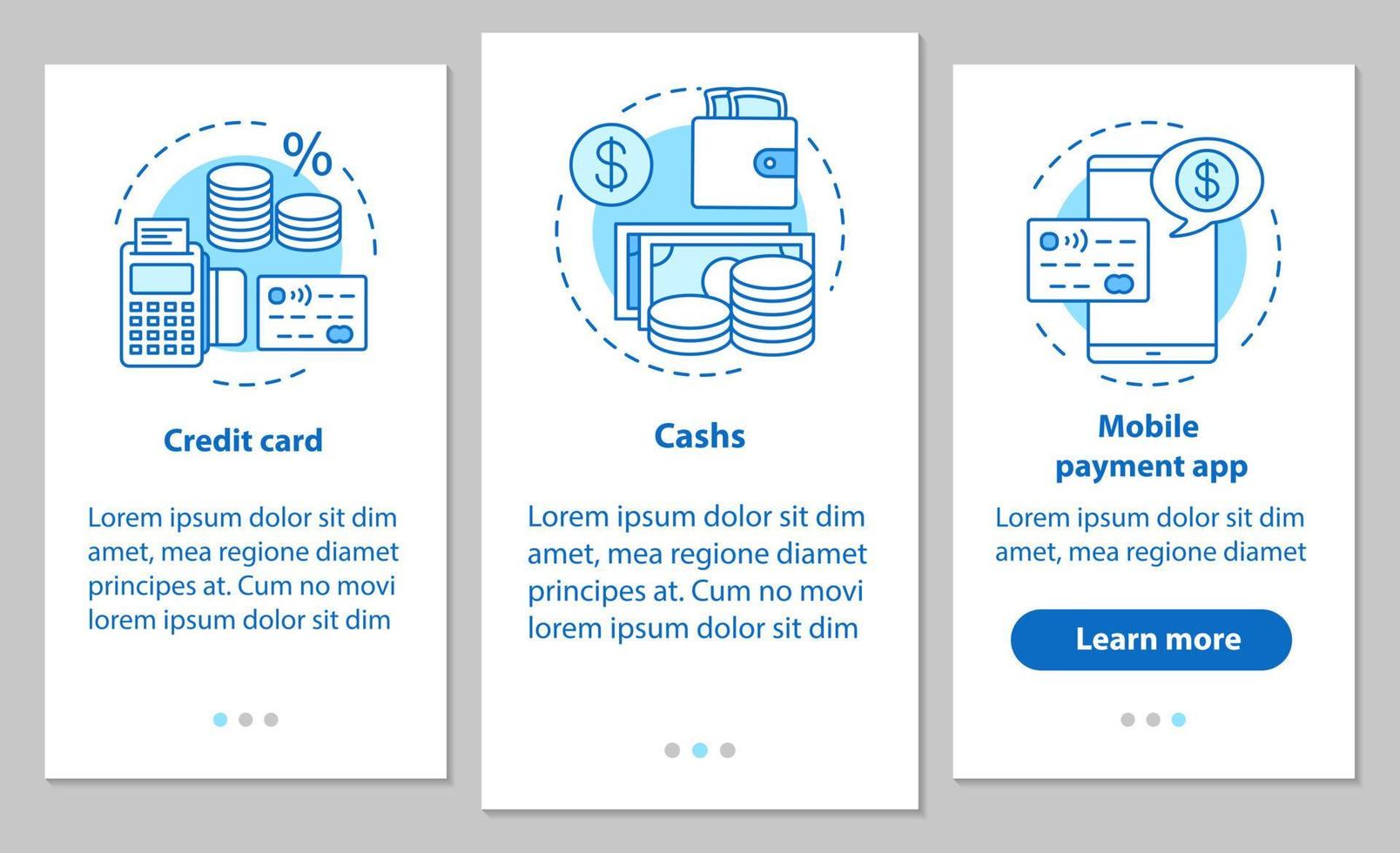 pantalla de la página de la aplicación móvil de incorporación bancaria con conceptos lineales. servicios financieros. tarjeta de crédito, efectivo, aplicación de pago móvil pasos instrucciones gráficas. ux, ui, plantilla vectorial gui con ilustraciones vector