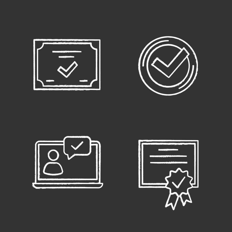 Approve chalk icons set. Verification and validation. Chat approved, certificate, check mark. Isolated vector chalkboard illustrations