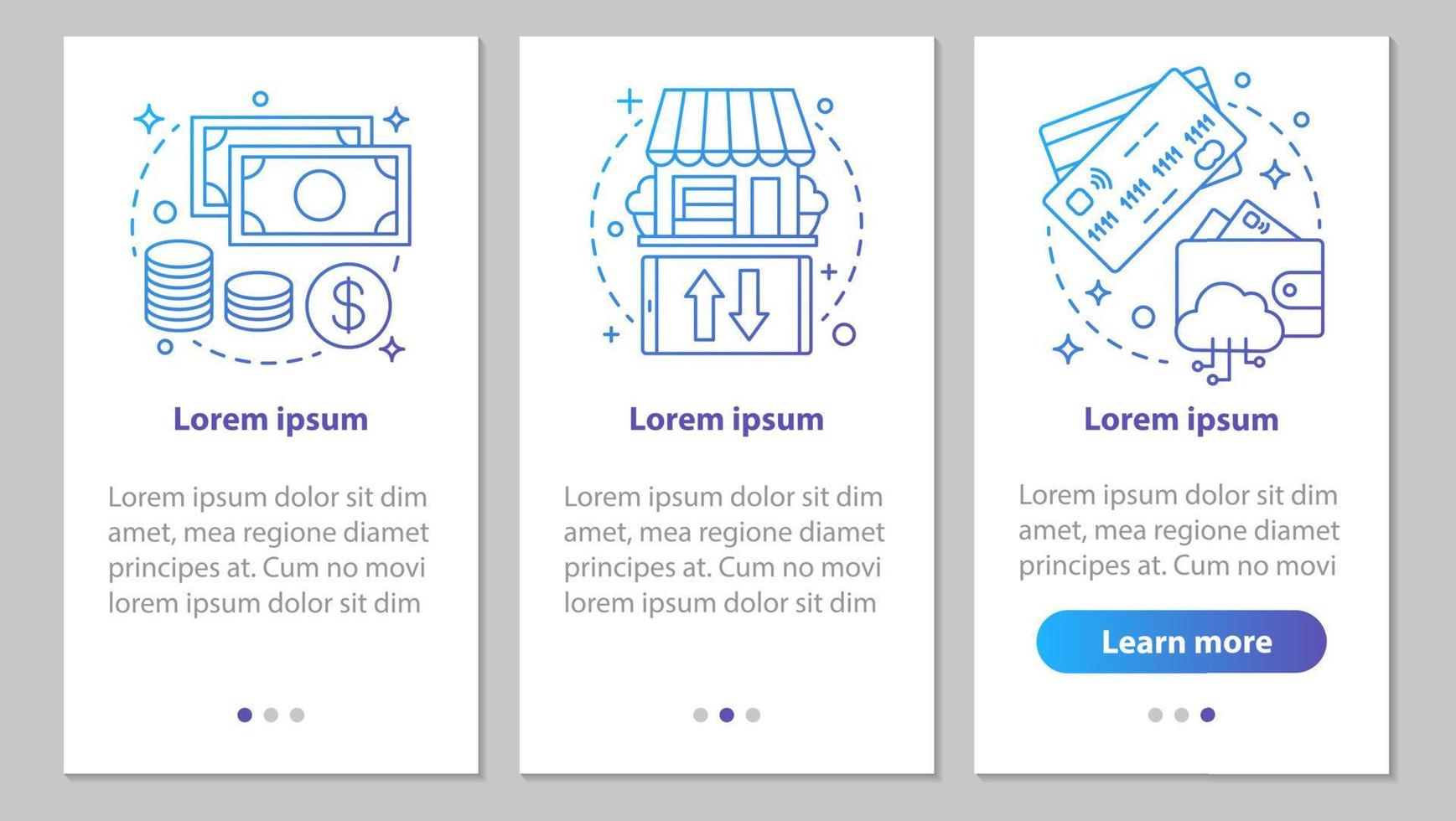 pantalla de la página de la aplicación móvil de incorporación de compras con conceptos lineales. dinero en efectivo, tarjetas de crédito, elija las instrucciones gráficas de los pasos de la tienda. ux, ui, plantilla vectorial gui con ilustraciones vector