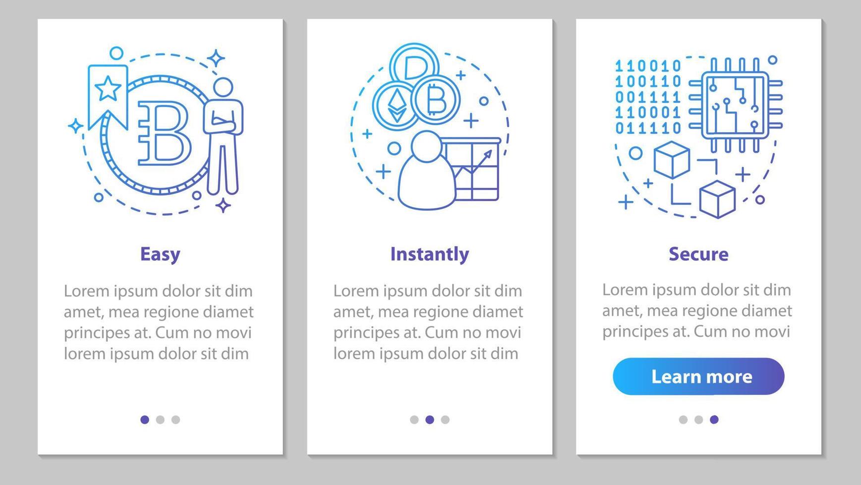 Mining business onboarding mobile app page screen with linear concepts. Cryptocurrency. Easy, instantly, secure steps graphic instructions. UX, UI, GUI vector template with illustrations