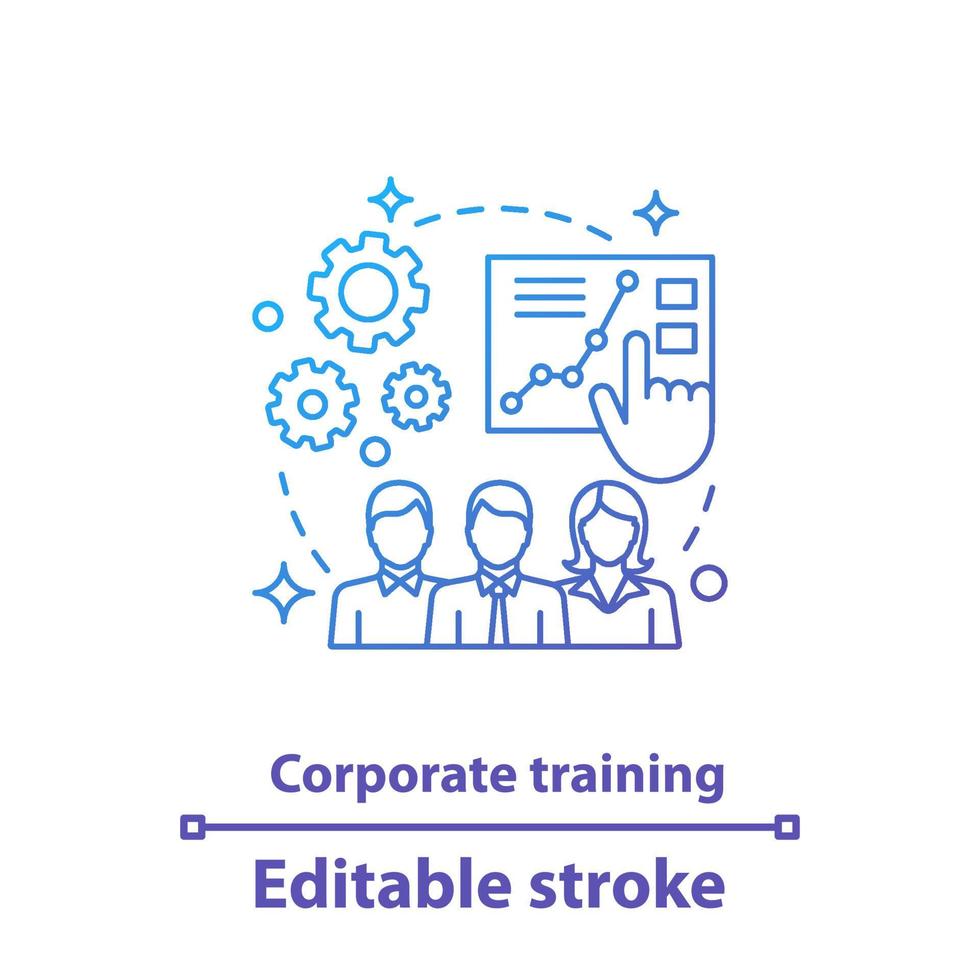 Corporate training concept icon. Business training idea thin line illustration. Teamwork. Partners. Personnel, staff. Vector isolated outline drawing. Editable stroke