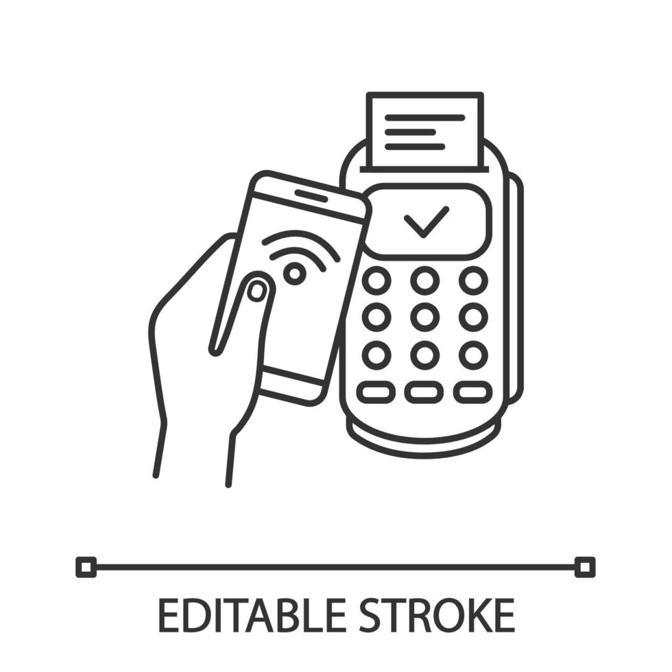 Successful NFC smartphone payment linear icon. NFC phone and POS terminal. Thin line illustration. Mobile phone contactless payment. Contour symbol. Vector isolated outline drawing. Editable stroke