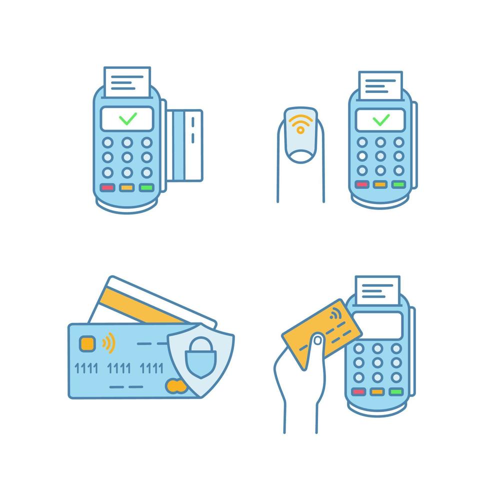 NFC payment color icons set. POS terminal, NFC manicure, credit cards. Isolated vector illustrations