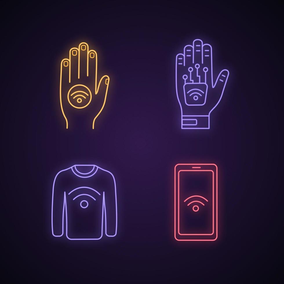 conjunto de iconos de luz de neón de tecnología nfc. etiqueta de mano de campo cercano, implante, ropa, teléfono inteligente. signos brillantes. Ilustraciones de vectores aislados