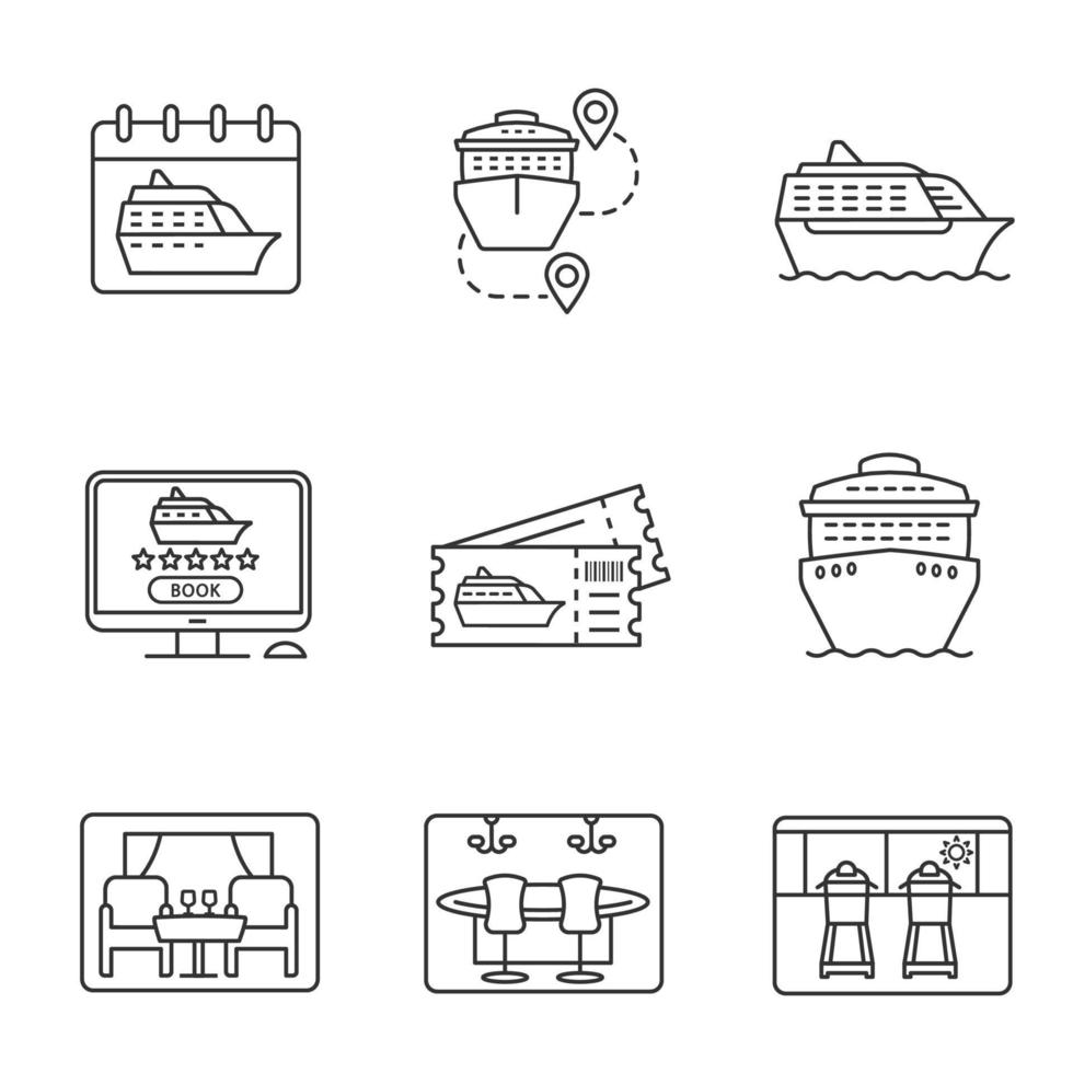 Cruise linear icons set. Summer voyage. Cruise ships, trip routes, treadmills, excursion tickets, online booking. Thin line contour symbols. Isolated vector outline illustrations. Editable stroke