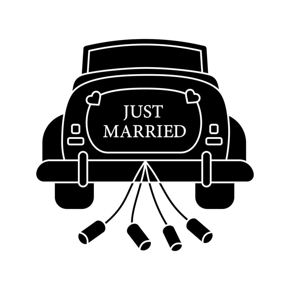 Wedding car rental glyph icon. Rent auto. Just married car. Newlywed. Wedding vintage cabriolet. Automobile hiring services. Silhouette symbol. Negative space. Vector isolated illustration