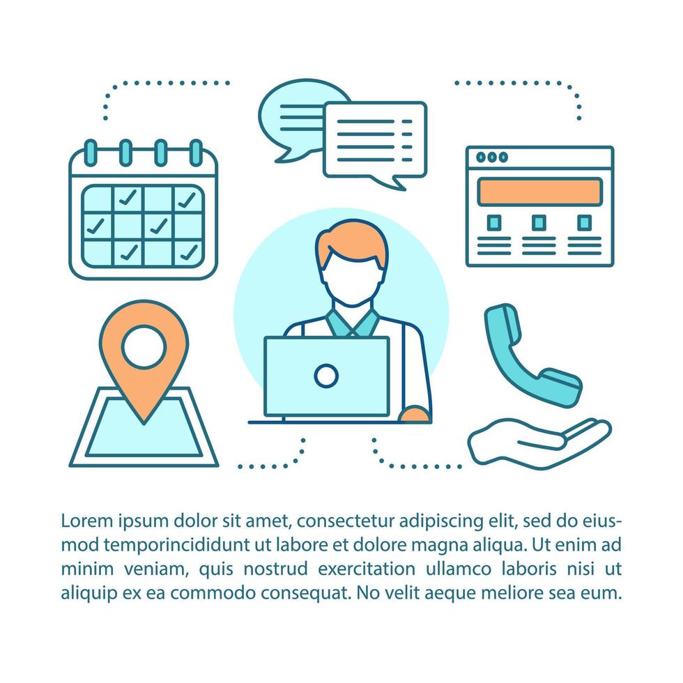 Contact us concept linear illustration. Information center. Infocenter. Call center. Hotline. Article, brochure, magazine page layout. Thin line icons with text boxes. Vector isolated outline drawing