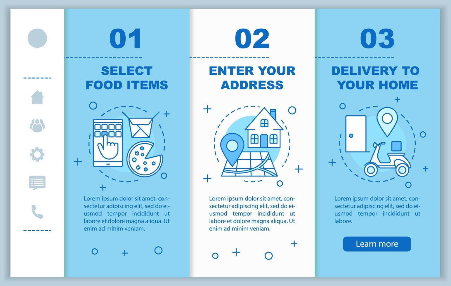 Food delivery onboarding mobile web pages vector template. Online meal ordering. Select items, setting address, home delivery. Responsive smartphone website interface. Webpage walkthrough step screens
