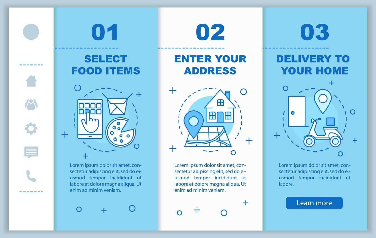 plantilla de vector de páginas web móviles de incorporación de entrega de alimentos. pedidos de comida en línea. seleccionar artículos, configuración de dirección, entrega a domicilio. interfaz de sitio web de teléfono inteligente sensible. pantallas de paso del tutorial de la página web