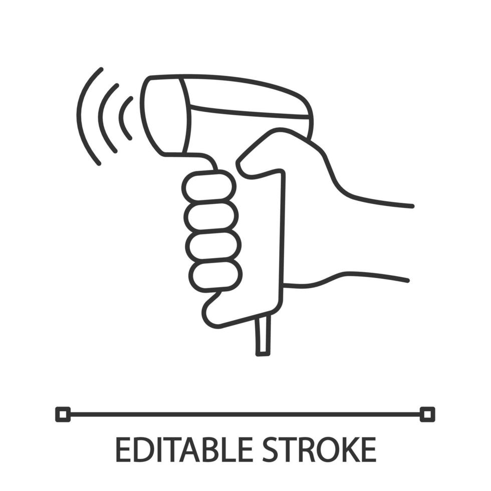 Wireless barcode scanning linear icon. Wifi barcode and QR code barcodes handheld scanner. Cashiers hand. vector