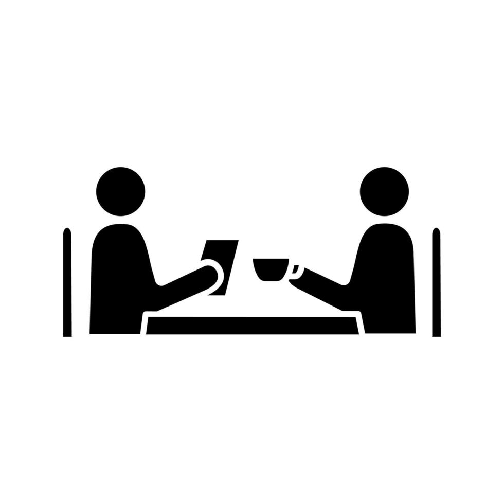 Business lunch glyph icon. Coffee interview. Colleagues, friends, partners, customers meeting. Coffee or dinner break. Business dinner. Silhouette symbol. Negative space. Vector isolated illustration