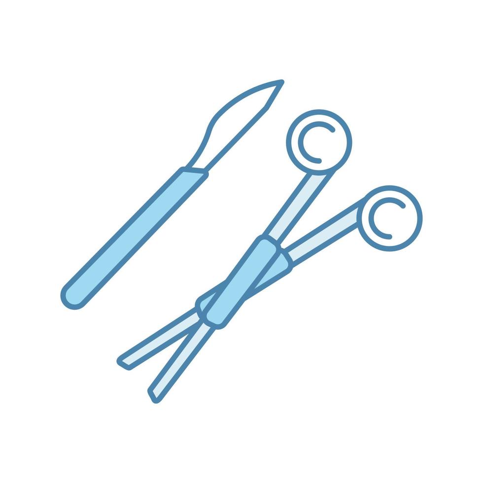 Surgical scalpel and clamp color icon. Surgical tools. Surgery instruments. Isolated vector illustration