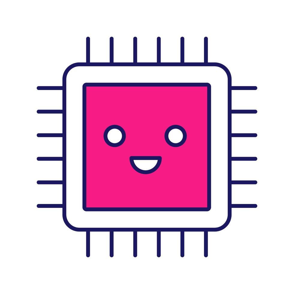 Smiling processor color icon. Well working microprocessor. Chip, microchip, chipset in good quality. CPU. Central processing unit. Integrated circuit. Isolated vector illustration