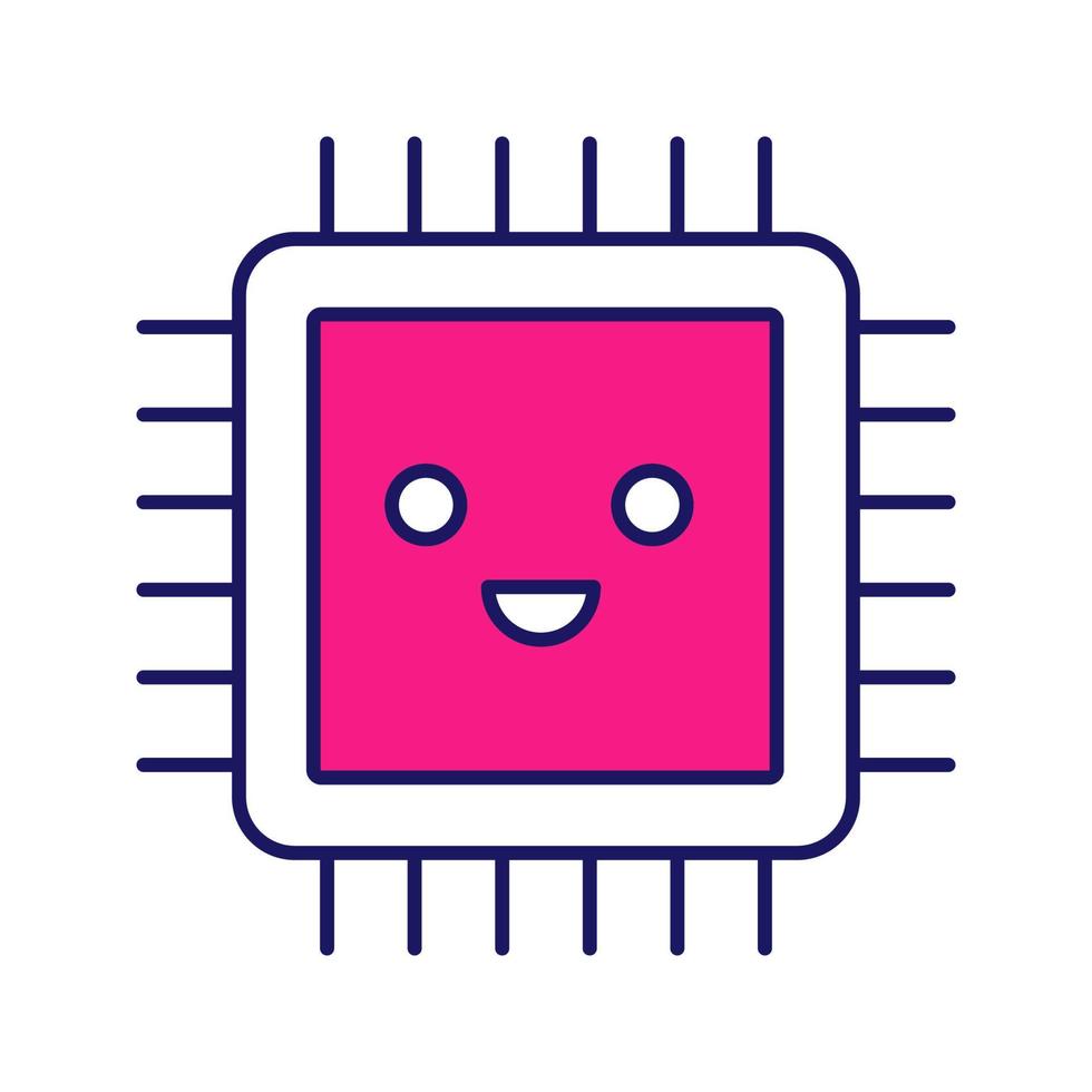 Smiling processor color icon. Well working microprocessor. Chip, microchip, chipset in good quality. CPU. Central processing unit. Integrated circuit. Isolated vector illustration