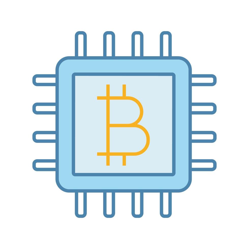 CPU mining color icon. Cryptocurrency mining hardware. Bitcoin sign inside microchip. Digital money. Isolated vector illustration