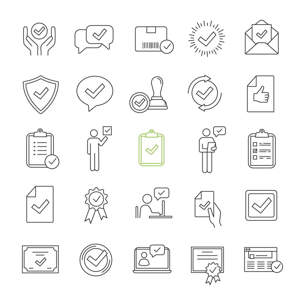 Approve linear icons set. Quality assurance. Verification and validation. Confirmation. Certificates, awards, quality badges with checkmarks. Isolated vector outline illustrations. Editable stroke